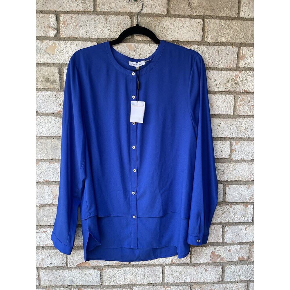 Calvin Klein Womens Button Down Blouse Royal Blue Size Large